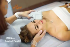 Woman having Hi-Fu to reduce wrinkles Warwickshire.