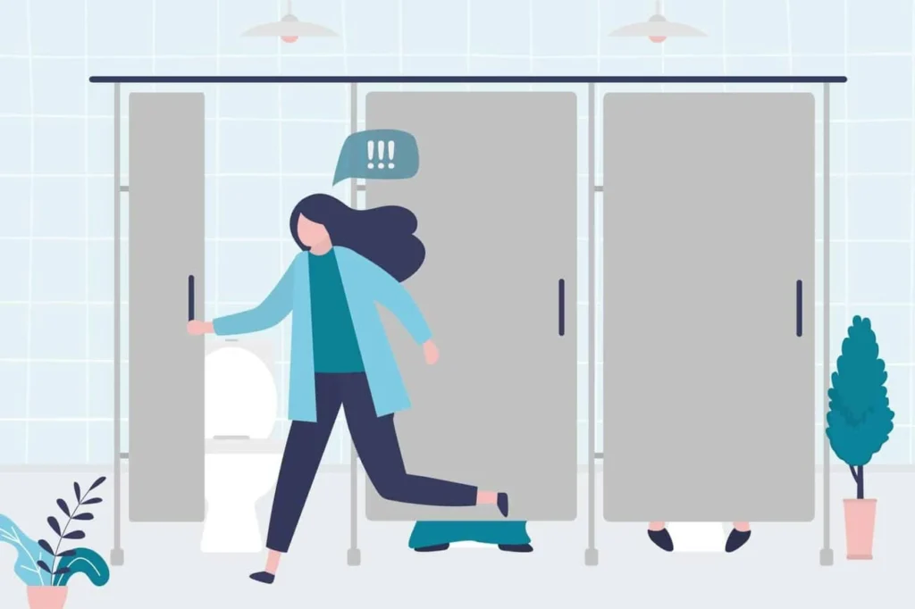 graphic of Urine incontinence Warwickshire woman running to the toilet.