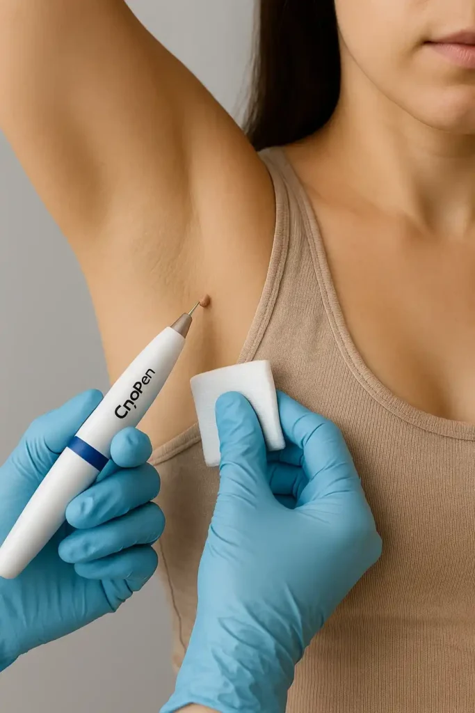 woman having cryopen to remove underarm skin tags Warwickshire