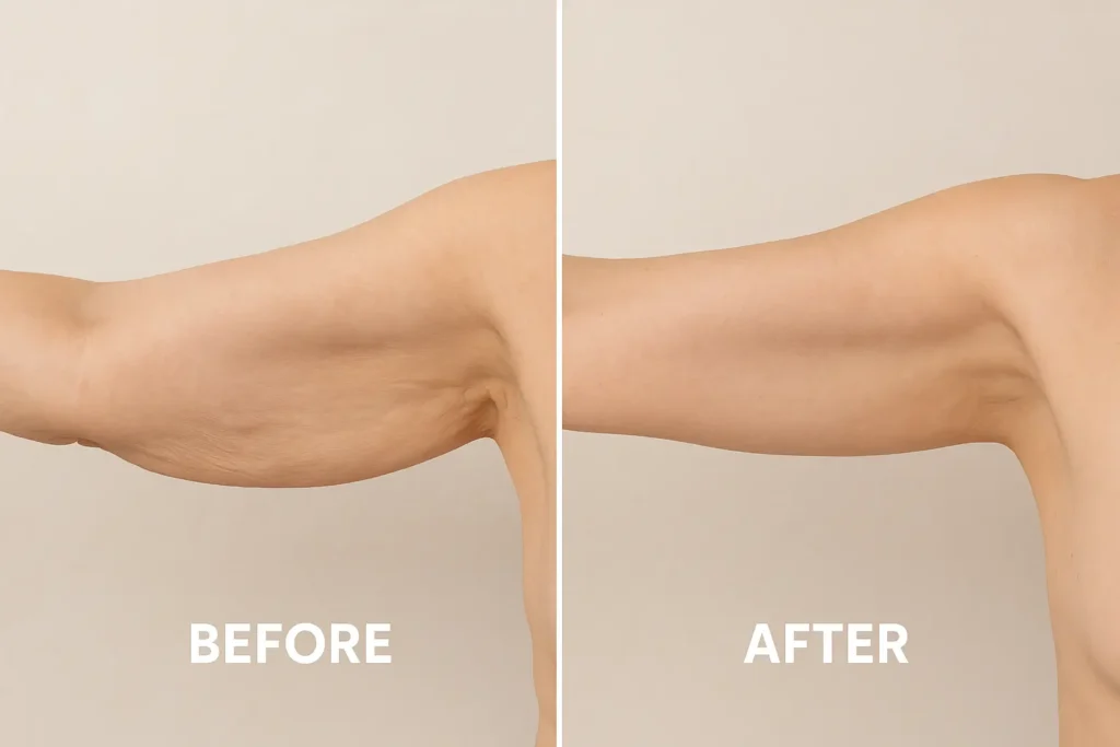 Picture of LA LIPO Warwickshire before and after results of skin tightening treatment on the upper arms.
