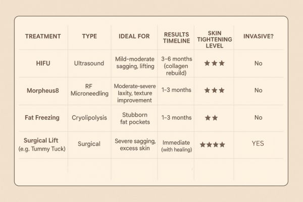 Table showing the comparisons of Skin tightening Warwickshire treatment options.